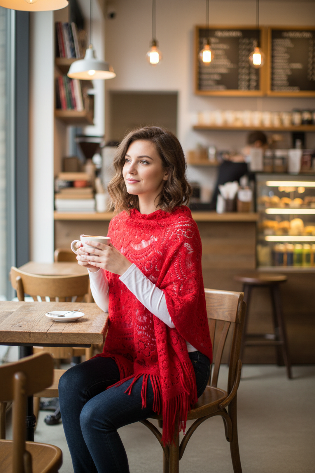 A woman sitting at a wooden table in a cozy cafe, wearing a bright red lace knit shawl over a white long-sleeve top and dark blue jeans, holding a white coffee mug.