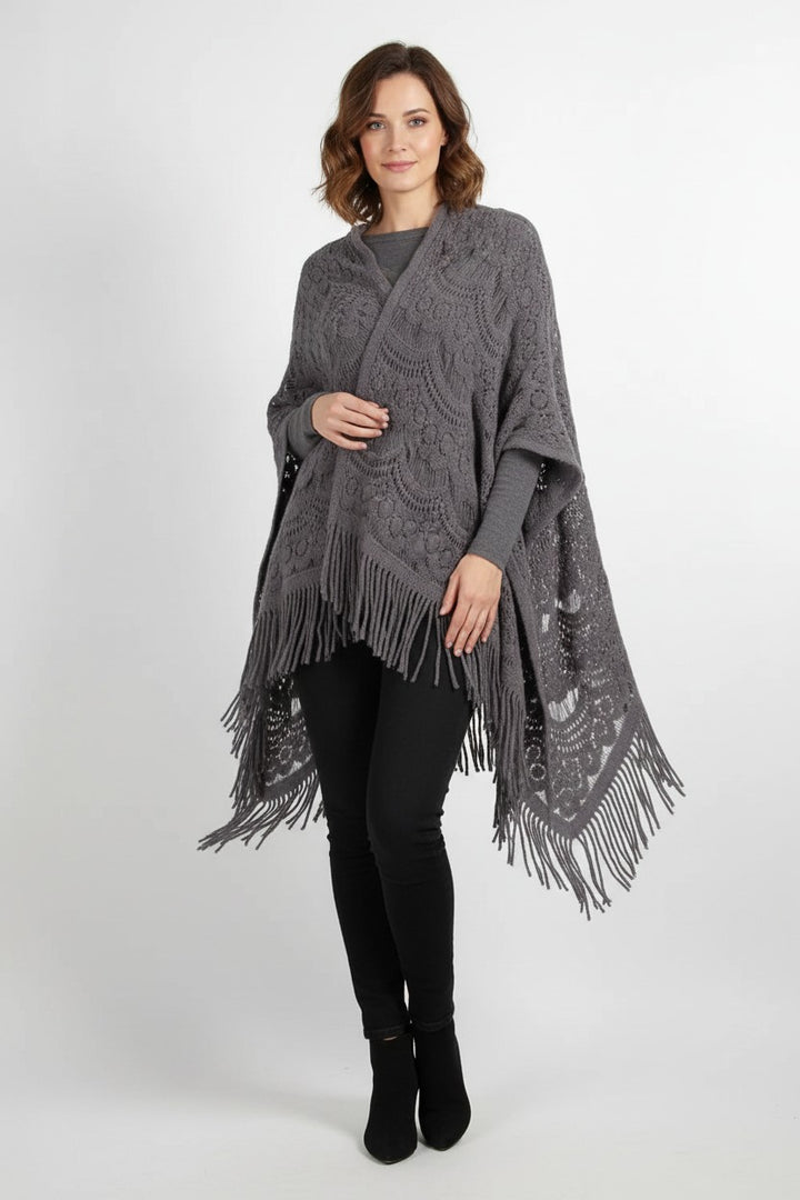 Fringe Openwork Surplice Cape Sleeve Poncho in Dark Gray - Paradise Wild Haven