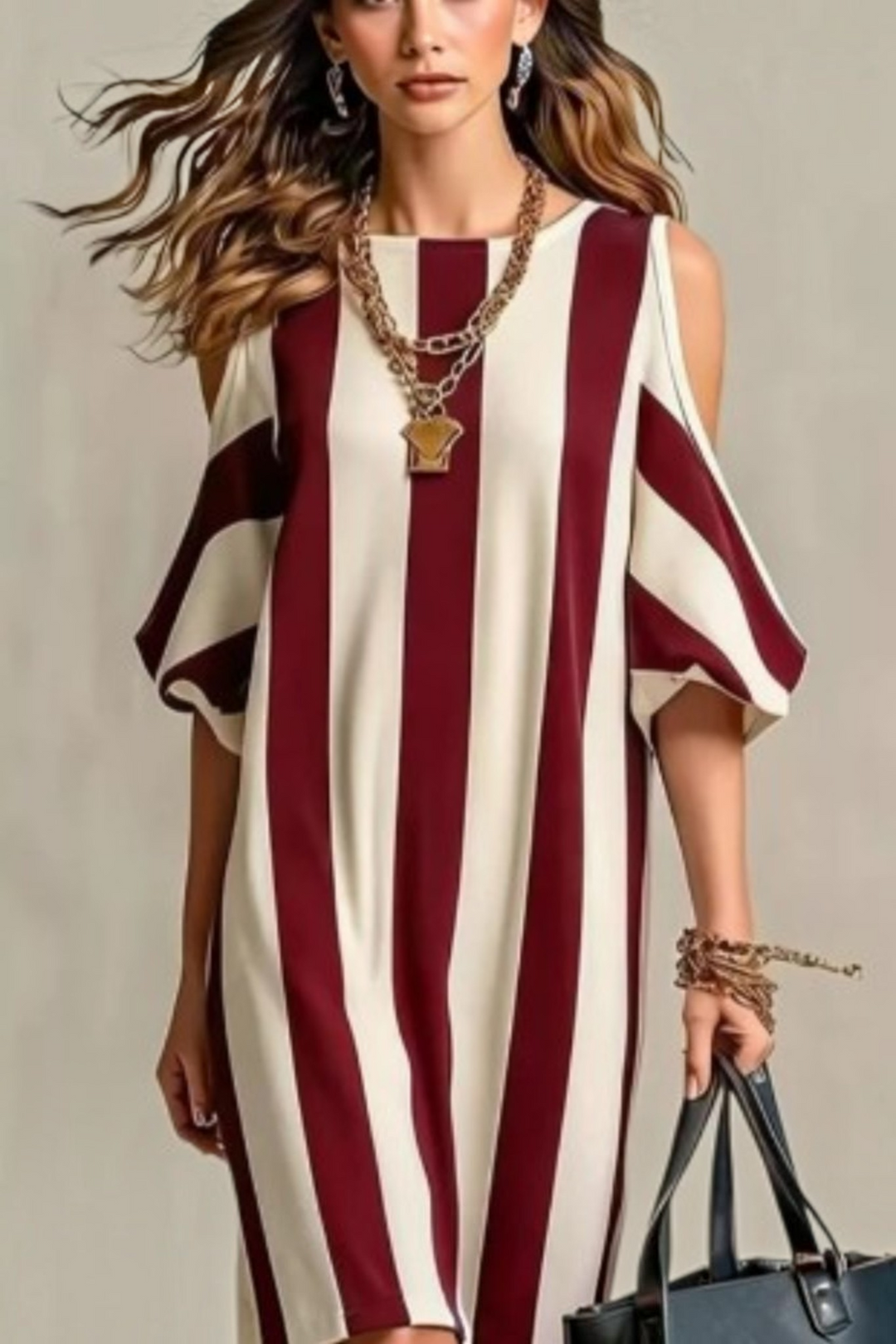 A woman models a loose, off-the-shoulder midi dress with bold vertical stripes in deep burgundy and cream. She is accessorized with chunky gold chain necklaces, bracelets, and earrings, and holds a black handbag against a neutral beige studio background.