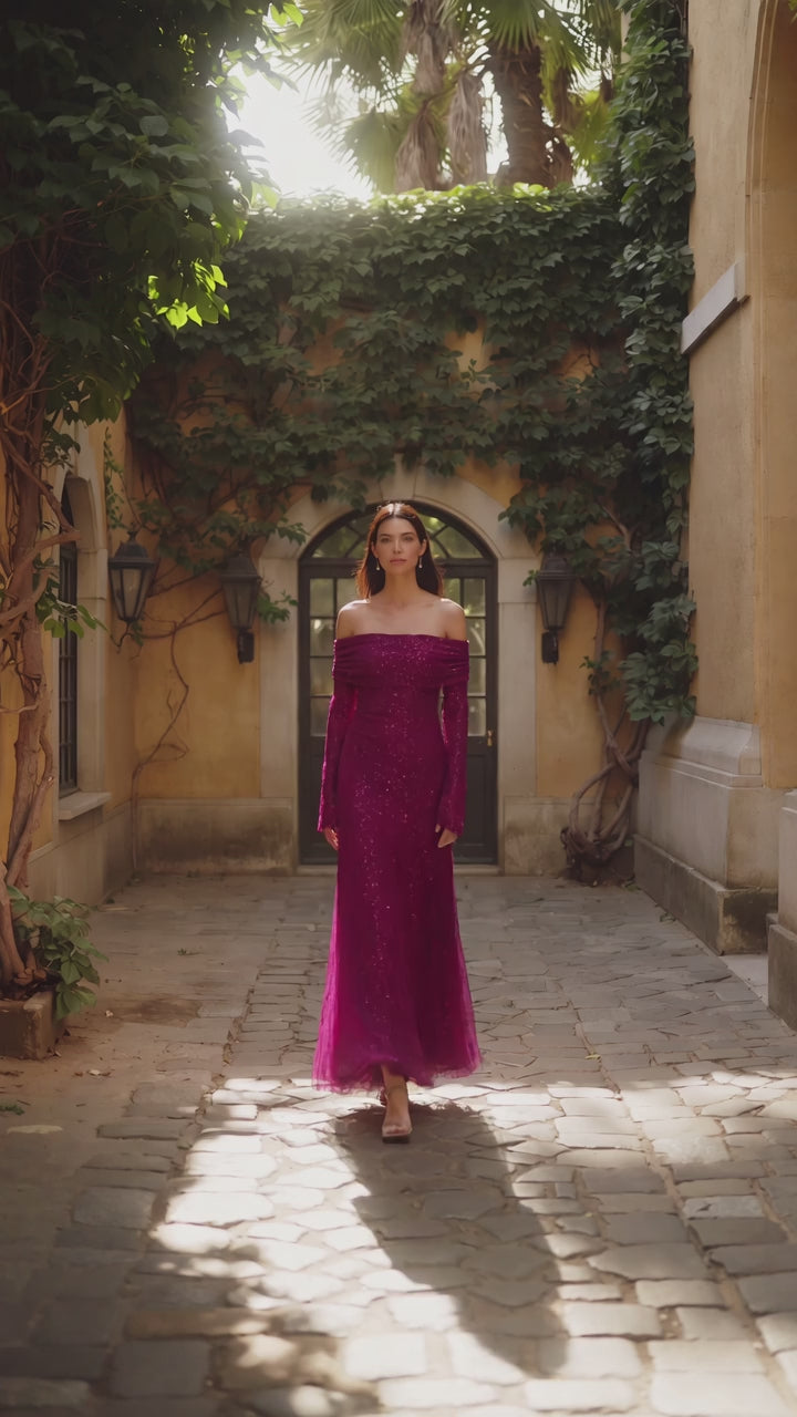 Glitter Off-Shoulder Maxi Dress